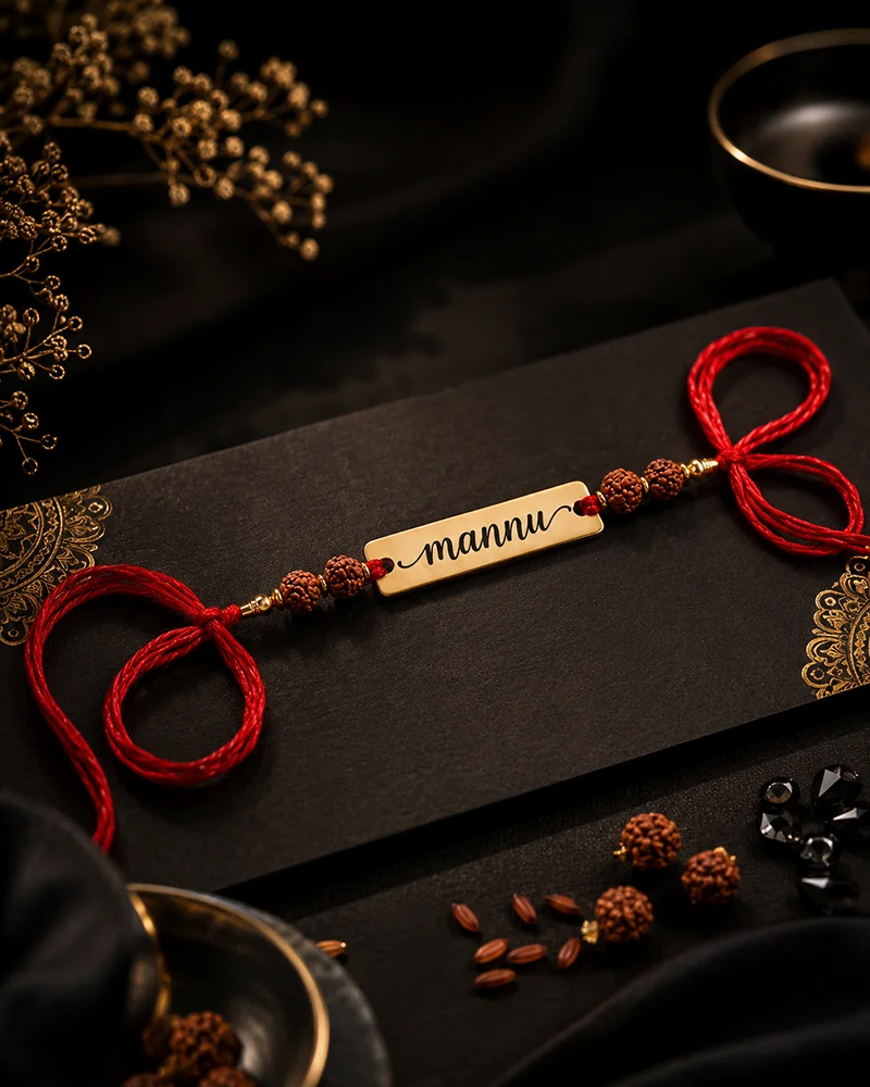 Thread Rakhi with Custom Brass Name Plate (1)